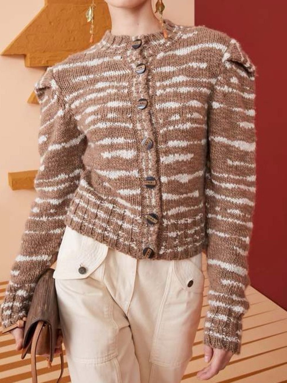 Ulla Johnson Skye Zebra Intarsia Merino Wool Chunky Cardigan Puff Shoulder Sz S